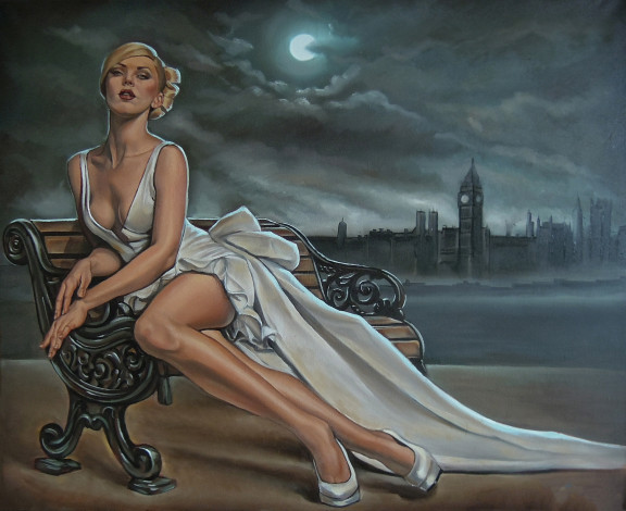 Обои картинки фото рисованное, люди, платье, скамейка, взгляд, фон, девушка