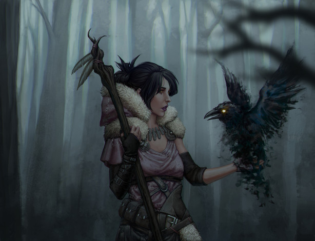 Обои картинки фото видео игры, dragon age, посох, ворон, взгляд, фон, девушка