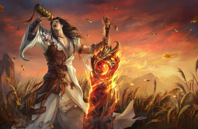 Обои картинки фото видео игры, ~~~другое~~~, парень, огонь, поле, меч, вода