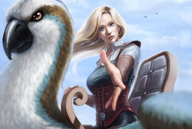 Обои картинки фото фэнтези, девушки, девушка, фон, взгляд, птица