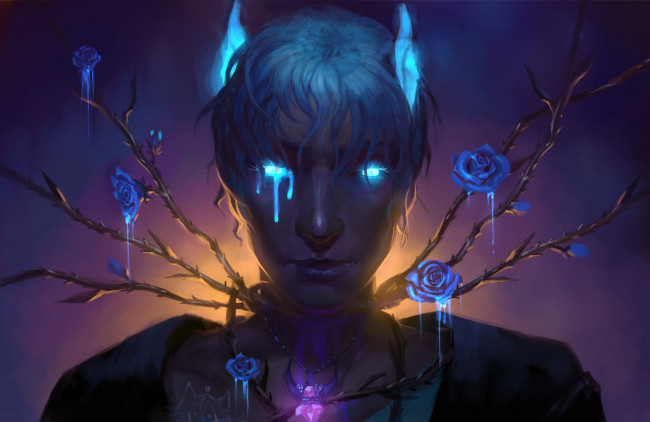 Обои картинки фото фэнтези, существа, существо, фон, взгляд, розы, шипы