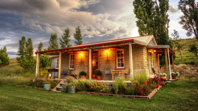 Обои картинки фото города, - здания,  дома, фотография, цветы, облака, деревья, трава, сад, небо, новая, зеландия, коттедж, trey, ratcliff, st, bathans