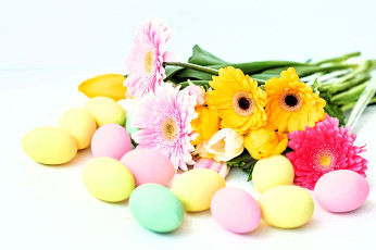 обоя праздничные, пасха, яйца, цветы, герберы, тюльпаны