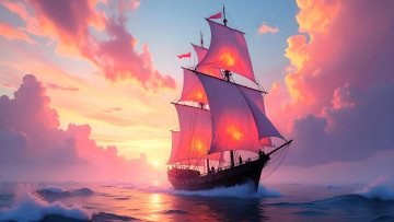 обоя корабли, 3d, парусник, море, облака, закат