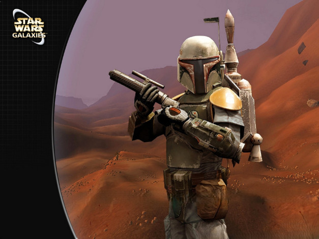 Обои картинки фото видео игры, star wars,  galaxies, воин, мандалорец, оружие, скалы