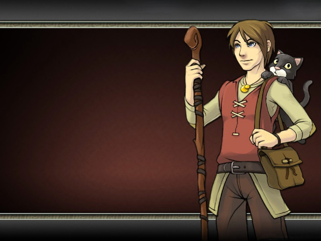 Обои картинки фото видео игры, twin skies, парень, посох, сумка, кот