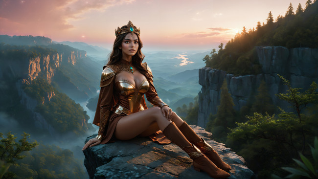 Обои картинки фото 3д графика, фантазия , fantasy, природа, лес, горы, скалы, девушка, принцесса, корона, неросеть