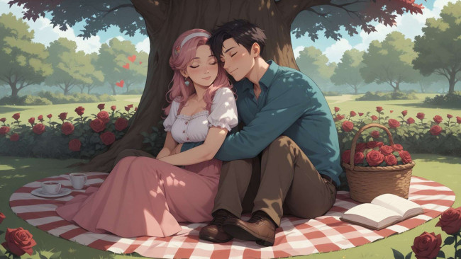 Обои картинки фото рисованное, люди, нейросети, графика, нейроарт, ai, art, нейронные, сети, рисунки, нейро, искусство, нейрографика, graphics, neuroart, neural, networks, drawings, neuro, neurography, парень, и, девушка, сидят, под, деревом