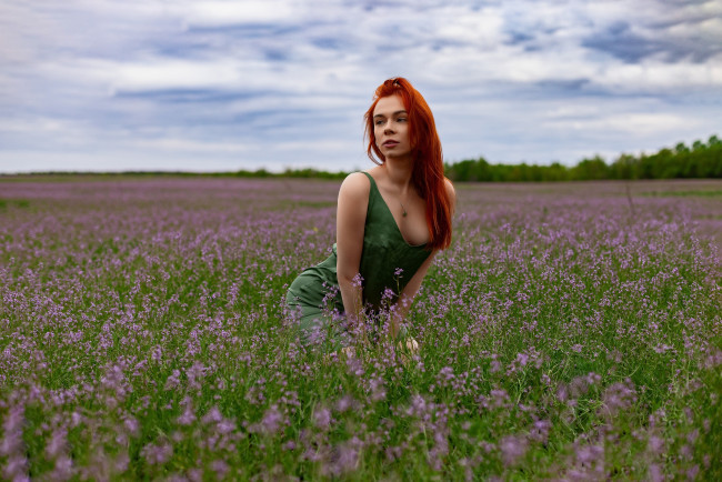 Обои картинки фото девушки, - рыжеволосые и разноцветные, природа, поляна, цветы, девушка, поза, платье