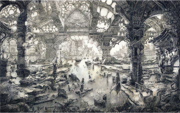 Картинка аниме *unknown другое лодка девушка руины город вода камни архитектура колонны