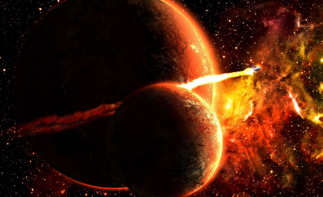 Обои картинки фото космос, арт, огонь, спутник, планета, ракета
