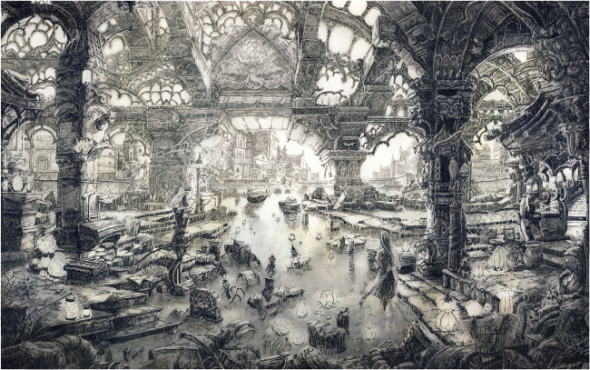 Обои картинки фото аниме, *unknown, другое, лодка, девушка, руины, город, вода, камни, архитектура, колонны