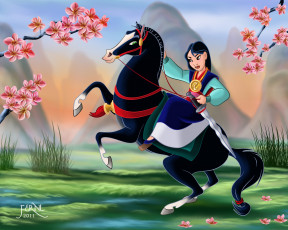 обоя мультфильмы, mulan, лошадь, девушка