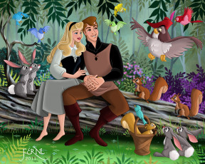 обоя мультфильмы, sleeping, beauty, птицы, звери, девушка