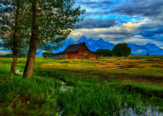 Картинка thomas moulton barn grand teton national park wyoming природа пейзажи хижина деревья ручей горы