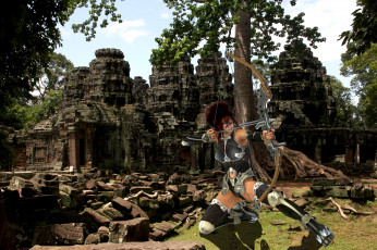 Картинка 3д графика amazon амазонки стрела лук дерево камни руины лучница