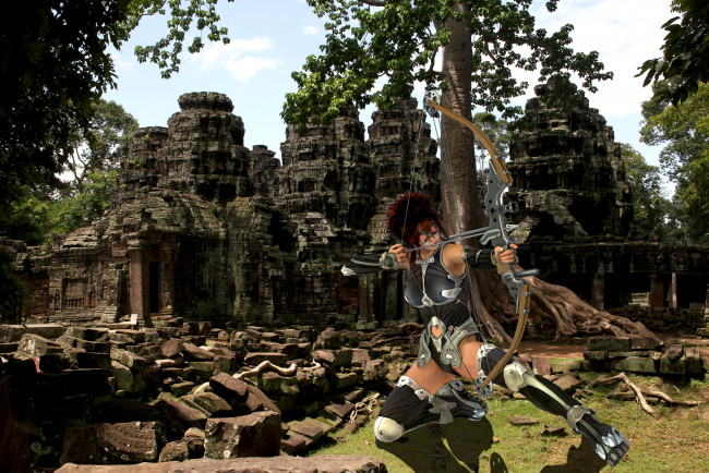 Обои картинки фото 3д, графика, amazon, амазонки, стрела, лук, дерево, камни, руины, лучница