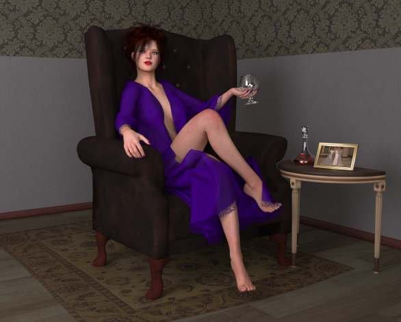 Обои картинки фото 3д графика, people , люди, вино, кресло, взгляд, девушка