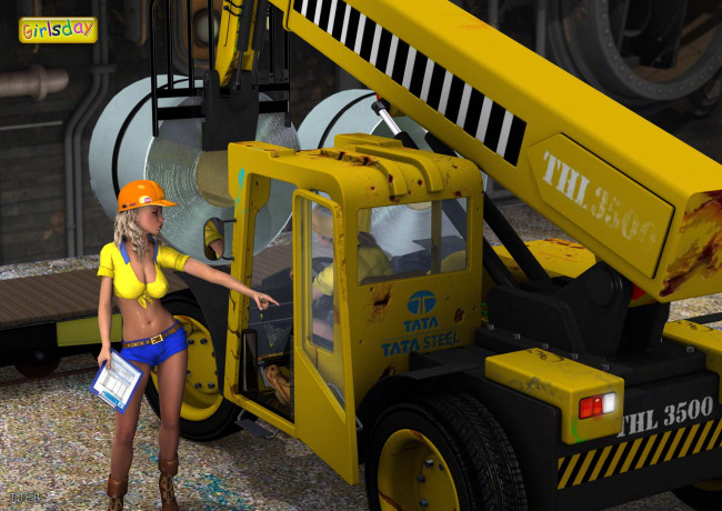 Обои картинки фото 3д графика, people , люди, девушки, погрузчик
