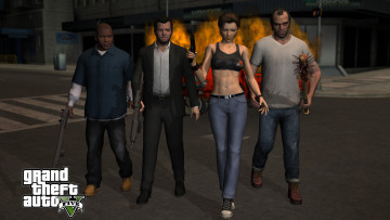 Картинка grand+theft+auto+v видео+игры девушка оружие мужчины фон взгляд