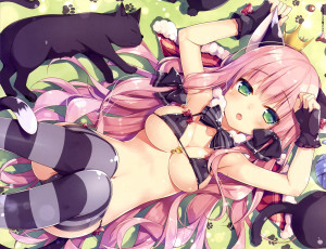 Картинка аниме животные +существа кот девушка