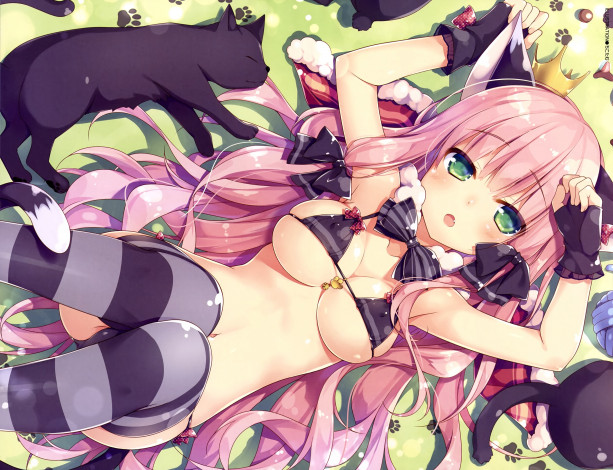 Обои картинки фото аниме, животные,  существа, кот, девушка