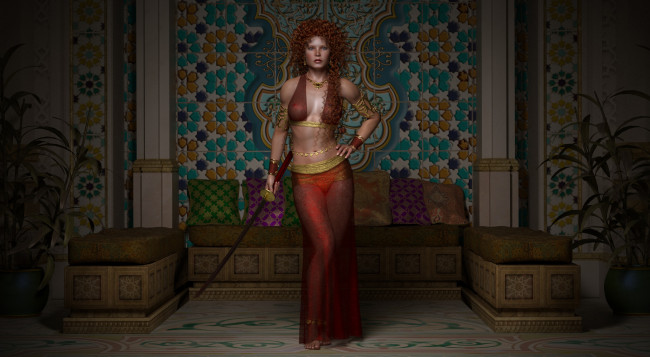 Обои картинки фото 3д графика, люди , people, взгляд, фон, оружие, девушка