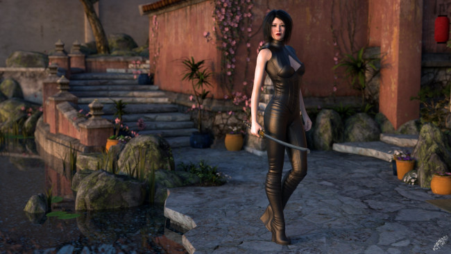 Обои картинки фото 3д графика, фантазия , fantasy, фон, взгляд, оружие, девушка