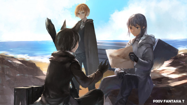 Обои картинки фото аниме, pixiv fantasia, девушки, фон, взгляд