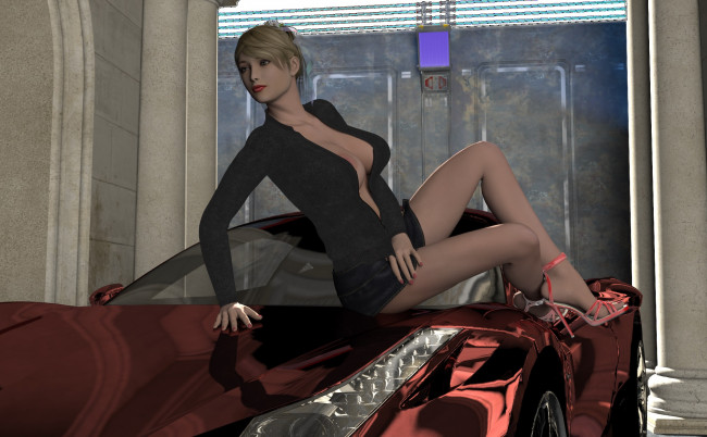 Обои картинки фото 3д графика, люди-авто, мото , people- car ,  moto, девушка, взгляд, фон, автомобиль