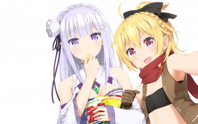 Обои картинки фото аниме, re,  zero kara hajimeru isekai seikatsu, фон, взгляд, девушки