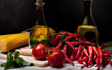 Картинка еда натюрморт спагетти макароны перец помидоры томаты
