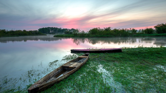 Обои картинки фото корабли, лодки,  шлюпки, река, закат