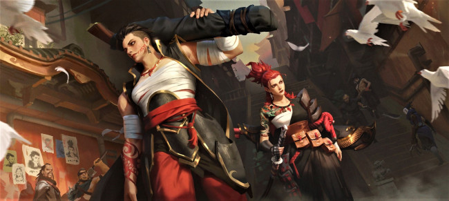 Обои картинки фото фэнтези, люди, оружие, улица, птицы