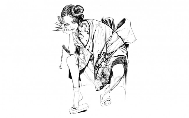 Обои картинки фото рисованное, люди, девушка, кимоно