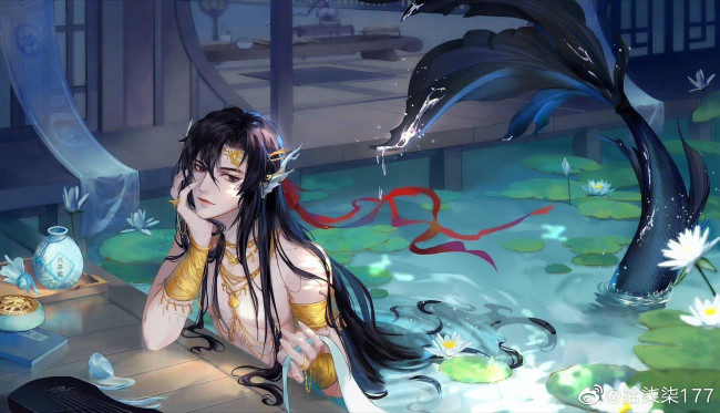 Обои картинки фото аниме, mo dao zu shi, вэй, усянь, русалка, лотосы