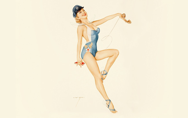 Обои картинки фото рисованное, alberto vargas, блондинка, фуражка, боди, униформа, телефон