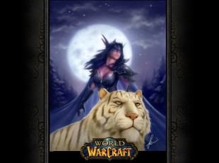 обоя видео игры, world of warcraft, девушка, плащ, тигр, луна