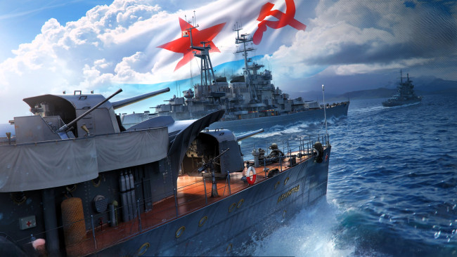 Обои картинки фото видео игры, world of warships, корабли, море, облака, флаг