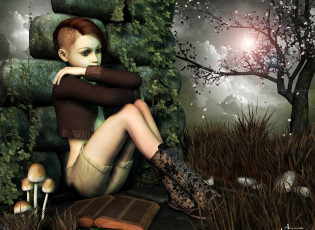 Картинка 3д графика people люди грибы девушка книга