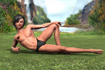 Картинка 3д графика people люди мальчик трава водопад