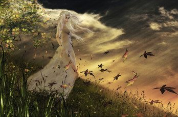 Картинка 3д графика people люди платье блондинка листья