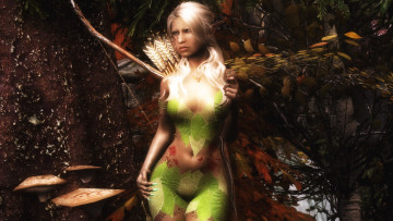 обоя 3д, графика, elves, эльфы, когти, лук, лес, эльфийка