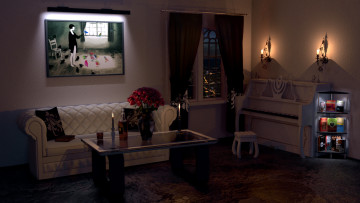 Картинка 3д графика realism реализм стол цветы книги свечи комната диван