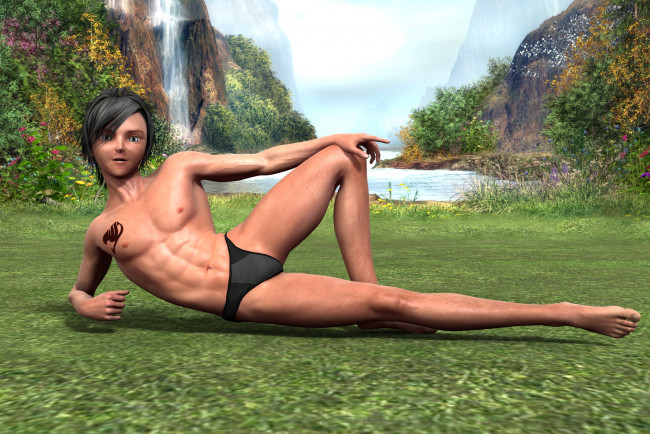 Обои картинки фото 3д, графика, people, люди, мальчик, трава, водопад