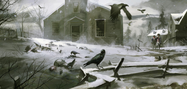 Обои картинки фото assassins creed 3, видео игры, assassin’s creed iii, коннор, дом, ферма, солдаты, грачи