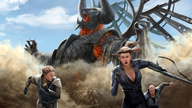 Обои картинки фото фэнтези, люди, оружие, солдаты, бег, будущее, пробуждение, монстр, песок