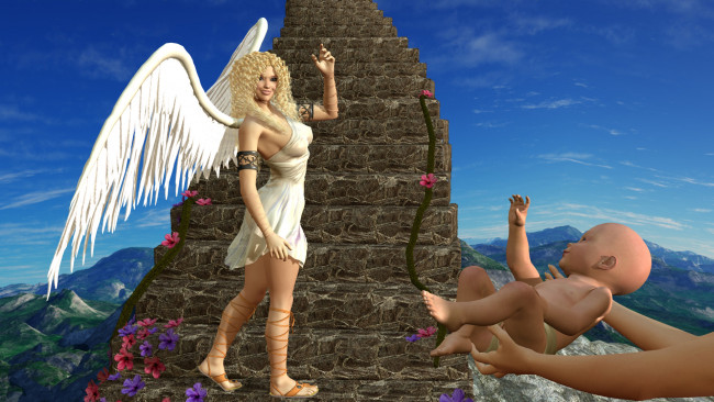 Обои картинки фото tipsy angel, 3д графика, angel , ангел, крылья, лестница, младенец