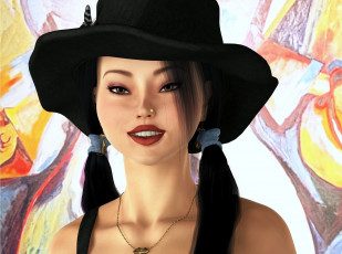 Картинка 3д+графика портрет+ portraits шляпа улыбка фон взгляд девушка