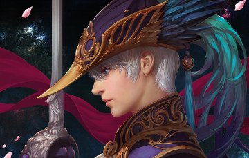 Картинка фэнтези люди лепестки крупный план перья головной убор меч блондин парень